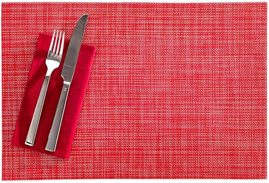 Restaurantware Carmel Mesh 16 x 12 Inch Table Placemats Set Of 6 Woven Washable Placemats - Heat Tolerant No Stain Red Vinyl Kitchen Placemats With Khaki Threads Easy To Clean