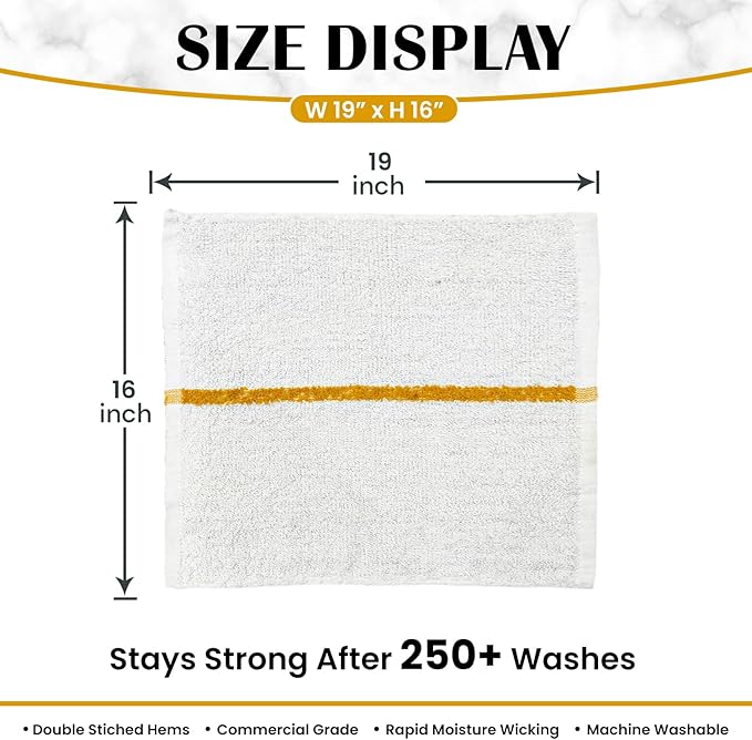 Bar Mops Gold Stripe Pack of 60 Kitchen Towels 16x19 Multi-Purpose for Home, Restaurant and Cleaning White Absorbent Washcloth Dishcloths Sets, Reusable Dish, Cloths Rags