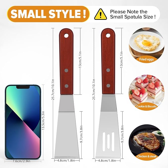 Small Metal Spatula Set for Cast Iron Skillet,Mini Wooden Spatulas for Kitchen Use,Thin Beveled Edge Stainless Steel Cookie Brownie Spatula Turner Server for Cake Egg Serving Cutting Flipping,2 Pcs