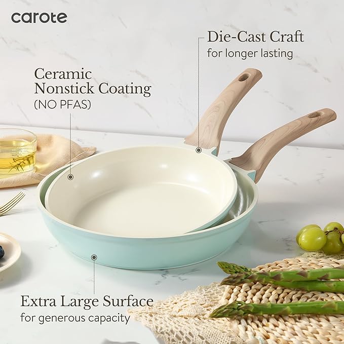 CAROTE 21-Piece Ceramic Pots and Pans Cookware Set, Non Stick Induction Cook Ware Kitchen Cooking Set Non-Toxic Health, PFAS Free