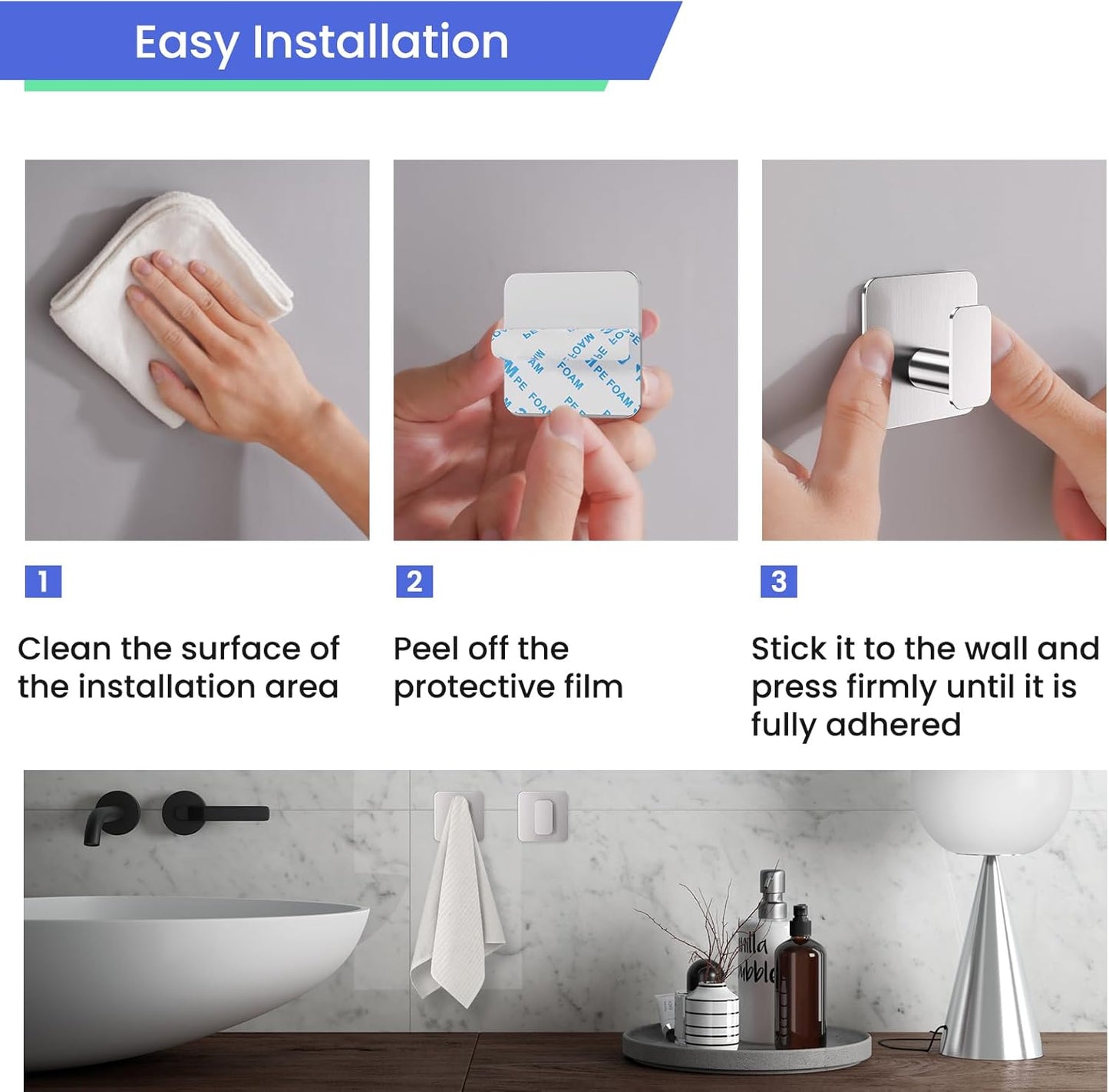 Silver Hooks for Hanging Heavy Duty, Adhesive Hooks for Shower, Bathroom, Kitchen, Robe, Towel, Coat, Waterproof & Rustproof Hook for Walls No Damage, Stainless Steel Sticky Hook - 4 Pack