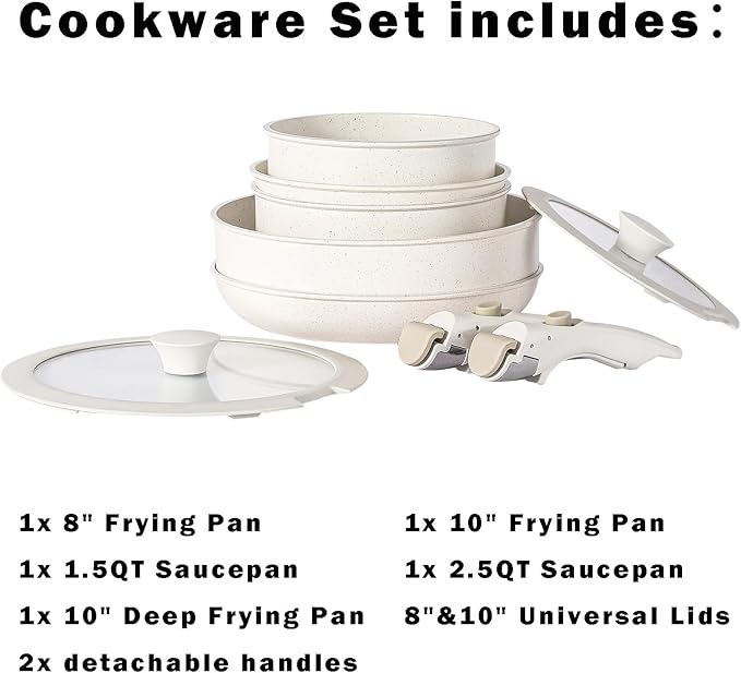 Non Stick Pot and Pan Set with Removable Handle, Ceramic Cookware Set Detachable Handle, Induction Kitchen Camping Stackable Pots Pans, Dishwasher/Oven Safe, Cream