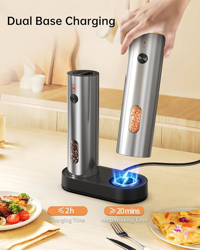 CIRCLE JOY Rechargeable Electric Salt and Pepper Grinder Set Automatic Stainless Steel Pepper Mill Grinders with Charging Base, Adjustable Coarseness, 110ml Container and Bright LED Light, Silver