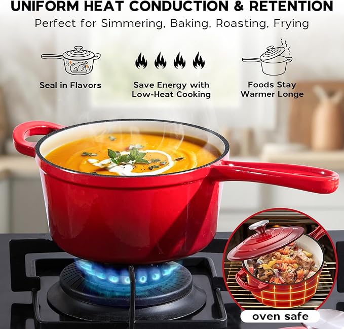 Onader 2QT Saucepan with Lid, Enameled Cast Iron Sauce Pan Pot, Small Dutch Oven Cooking Kitchen Pot, Nonstick & Heavy Duty – Red