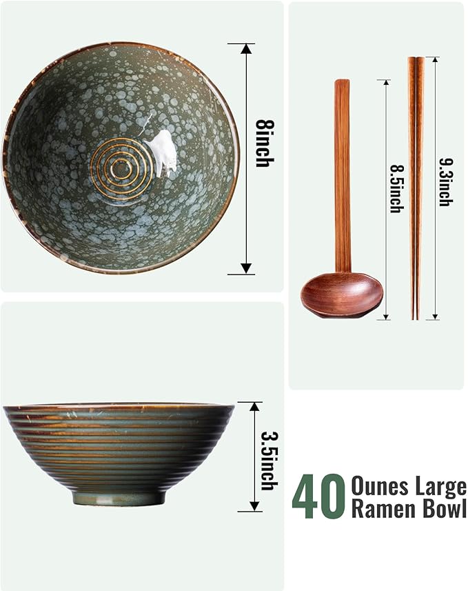 Large Japanese Ramen Bowl Set of 4, Material Safety Ceramic Ramen Bowls with Matching Chopsticks and Spoons, 8 Inch 40oz Pho Bowls Ramen Noodle Bowl for Asian Udon Soup Salad Cereal(Green)