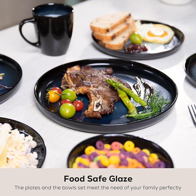 Romswi 16Pcs Dinnerware Set for 4, Stoneware Plates and Bowls Sets with Mugs, Chip & Scratch Resistant Dish Set, Handmade Reactive Glaze, Oven, Microwave and Dishwasher Safe, Dreamy Moonlight-Blue