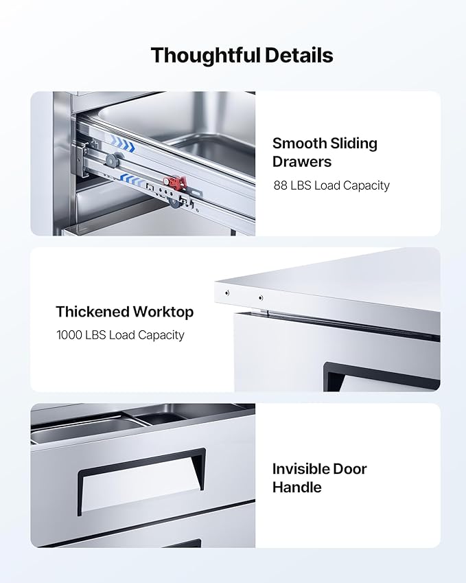 VEVOR Chef Base Refrigerator, 52" W Commercial Chef Bases Worktop Refrigerators, 2-Drawer Under Counter Fridge with 8 Pans Stainless Steel, Heavy-Duty Refrigerated Base, Invisible Door Handle