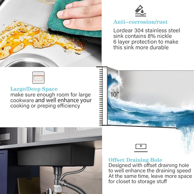 Lordear Kitchen Sink Drop In 28x22 Topmount 16 Gauge Stainless Steel Single Bowl Ledge Workstation Kitchen Sink Basin