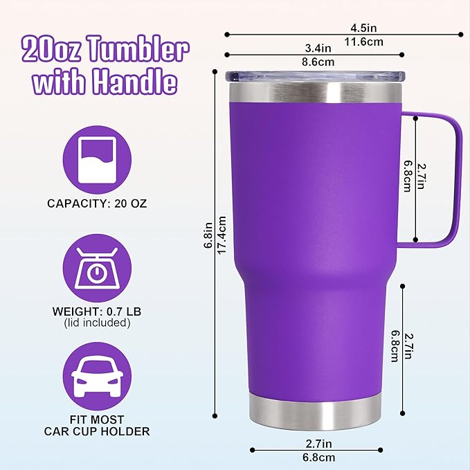 20 oz Tumbler with Handle and Lid, Stainless Steel Tumbler Insulated Travel Coffee Mug, Spill Proof Double Wall Vacuum Tumbler Cup Keep Drink Hot & Cold, Purple, 6 Pack