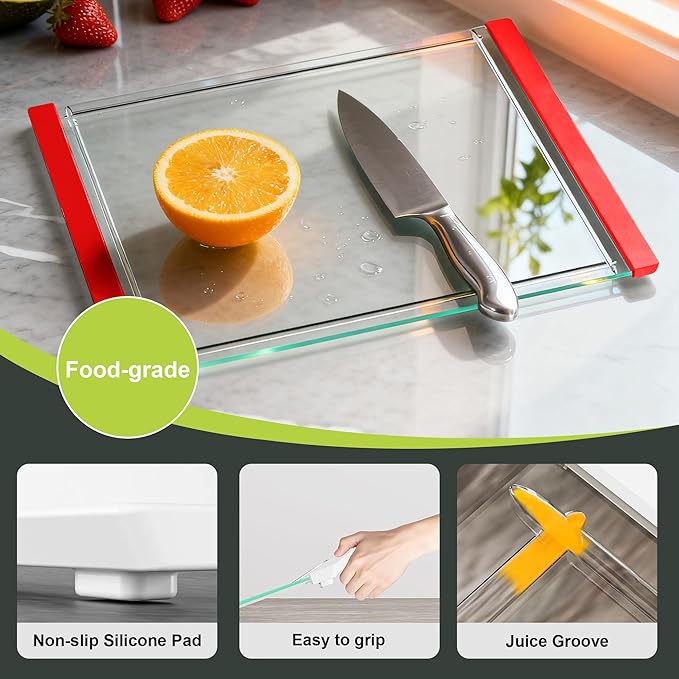 Tempered Glass Cutting Board Set for Kitchen Counter - Dishwasher Safe with Juice Grooves, Non-Slip Silicone Edges & Beveled Grip - 16"x12" & 12"x8" Serving Tray (Red-2PCS)