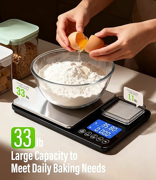 Digital Dual Platform Kitchen Scale, 33 lb Large & 1.1 lb Mini Food Scale with Dual-Line LCD Display, Stainless Steel, High Precision for Baking, Cooking, and Meal Prep