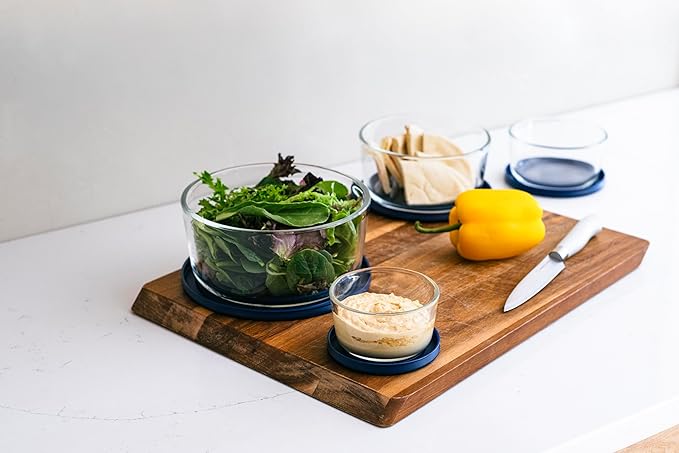 8-Piece Glass Food Storage Containers Set (4 Containers + 4 Lids) | Round, Nesting, Microwave & Dishwasher Safe | BPA-Free, Space-Saving | Blue Lids for Pantry & Kitchen Organization
