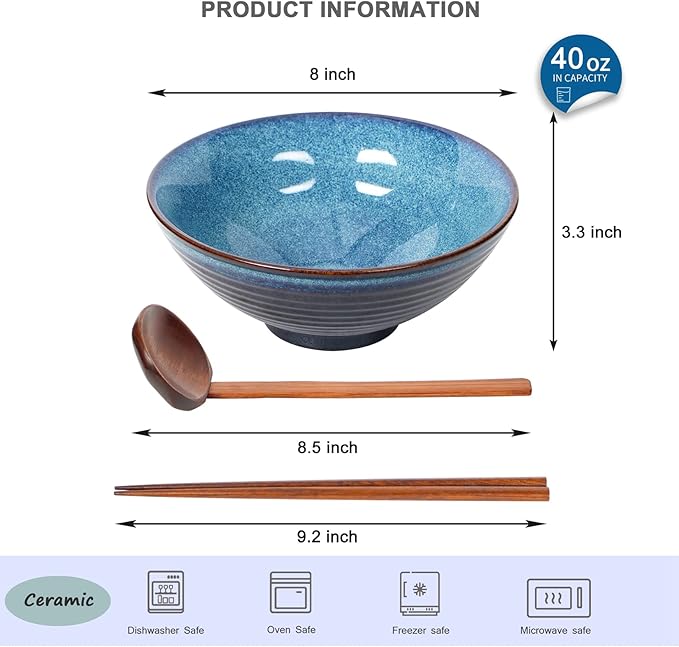 Ceramic Japanese Style Ramen Bowl Set with Chopsticks,8 inch 40 oz Pho Bowls & Asian Soup Bowl and Spoons Set for Udon Noodle,Soba,Miso Soup,Set of 2 (blue)