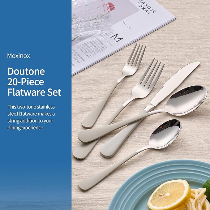 20-Piece Off White Silverware Set, 18/0 Stainless Steel Off White Handle Flatware Set, Service for 4, Modern Cutlery Set Includes Dinner Knives Forks Spoons,Mirror Polished,Dishwasher Safe