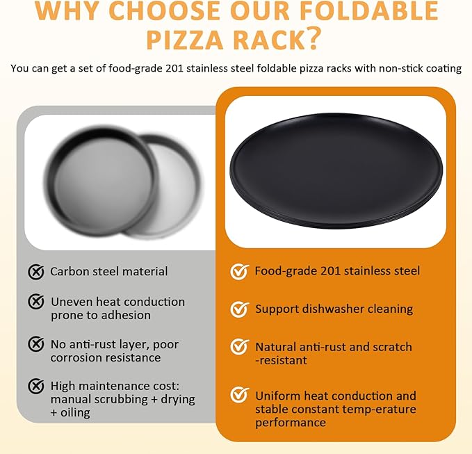 JIAWANSHUN Folding Pizza Rack Stand 4-Layer Stainless Steel with 12-Inch Non-Stick Pan,Oven-Safe Baking & Cooling Holder for Home Kitchens,Pizza Shops,Commercial Restaurants