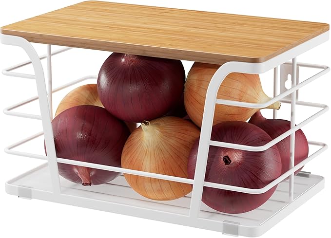 Pantry Organization & Kitchen Storage Containers - Stackable Fruit and Vegetable Storage with Lightweight PP Mat & Bamboo Top for Snacks, Produce,White