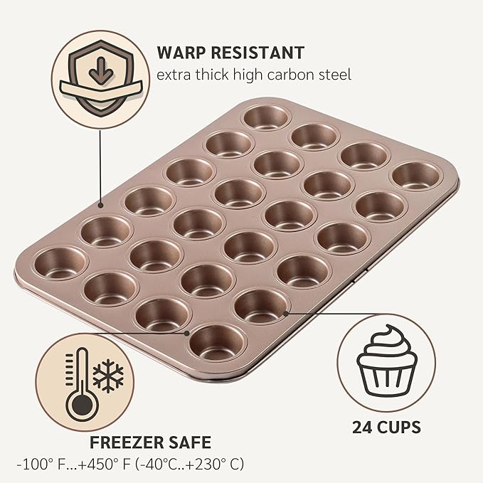 HAPPIELS Non Toxic Nonstick 24 Cup Mini Muffin Pan | PFOA BPA free Nontoxic Mini Cupcake Tin | Best Non Stick Muffin Pans | Carbon Steel Small Muffin tins | Cupcakes Bakeware Mold