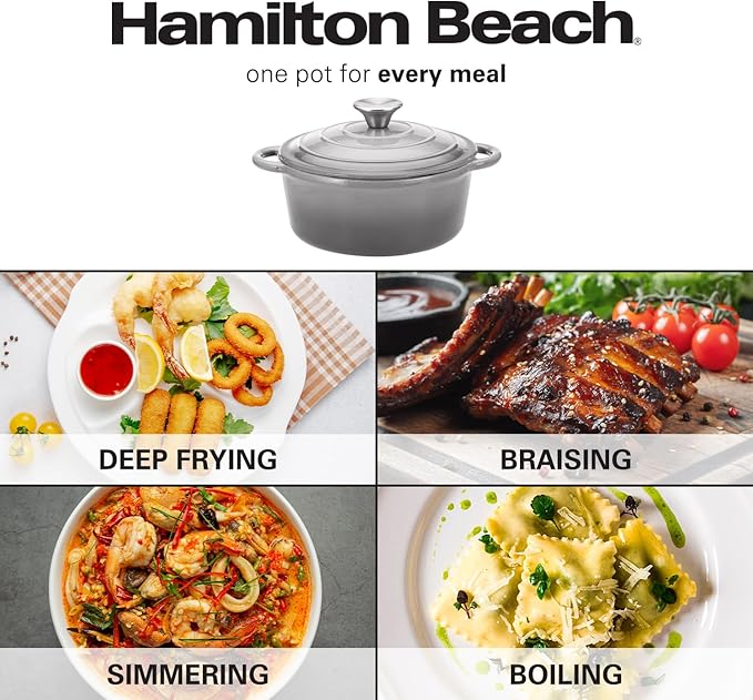 Hamilton Beach 3-Quart Enameled Cast Iron Dutch Oven with Lid | Cream Interior for Even Heat Distribution, Gray