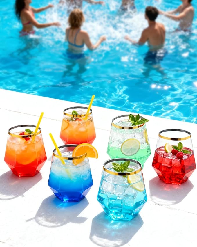 40 PCS Clear & Gold Rim 12 Oz Plastic Wine Whiskey Glasses, Diamond Stemless Unbreakable Disposable Wine Glasses for Party, Ideal for Beach Holidays,Halloween, Christmas, Weddings,Daily Use