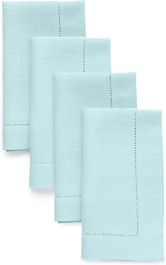 Solino Home Aqua Blue Linen Napkins Set of 4-100% Pure Linen Hemstitch Dinner Napkins 20 x 20 Inch - Classic Hemstitch