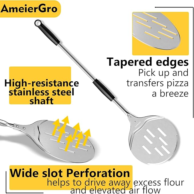 Pizza Peel & Turner, 9" Pizza Spatula with Extendable Handle (26-36" Length)