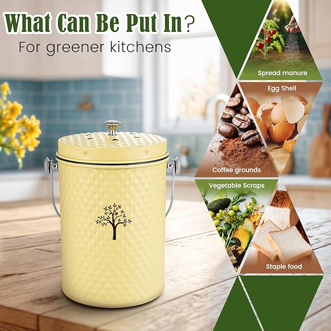 AOSION Countertop Compost Bin Kitchen,Odor Resistant Indoor Compost Bin with Lid and Compost Bags,Compost Bucket Composter Container for Food Waste,Yellow