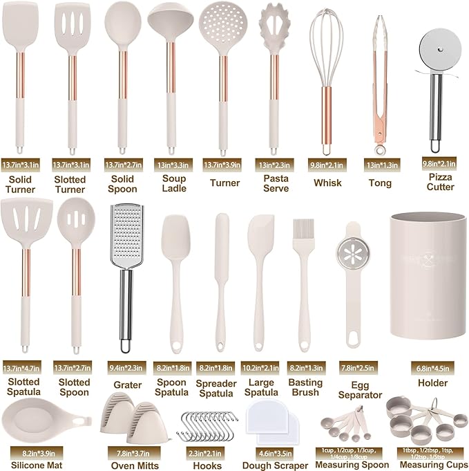 Umite Chef Silicone Kitchen Cooking Utensil Set, 43 pcs Spatula Utensils Set with Rose Gold Stainless Steel Handle, Non-stick Heat Resistant - Best Cookware Set-(Khaki)