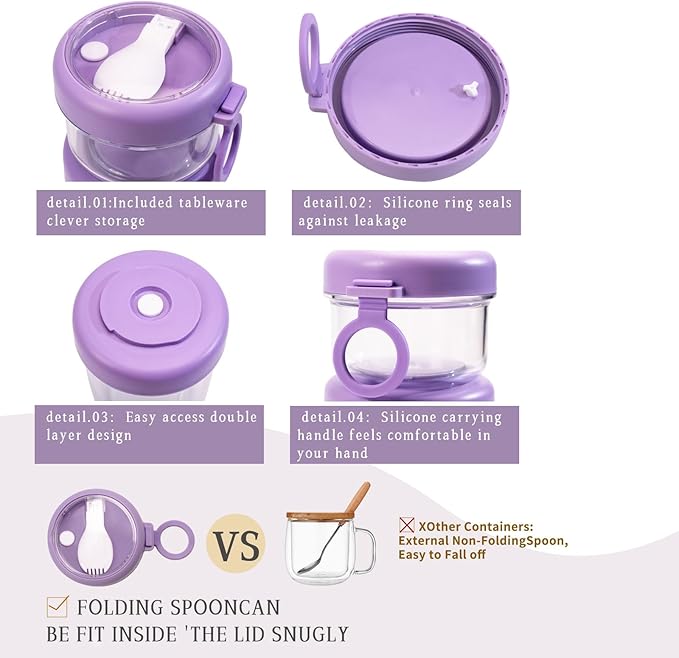 Container Food Overnight Oats Containers with Lids, Folding Spoons 26 oz Plastic Mason Jars Containers with Lids Portable Cereal and Milk Container on The Go (purple Oatmeal Cup)