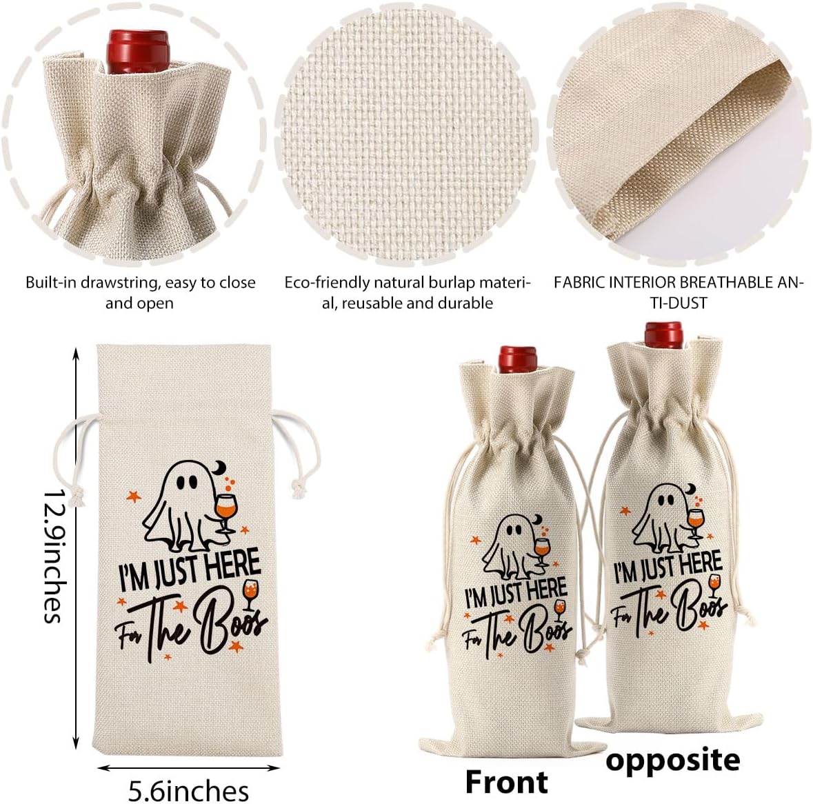 Funny Halloween Ghost Wine Bag Hocus Pocus Decor Gifts Halloween Party Supplies Home Decorations Wine Accessories for Wine Lovers Women Men Friend for the Boos Wine Bag