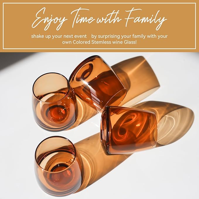 Brown Stemless Wine Glasses Set 6-Colorful Wine Glasses Stemless for Wine water,whiskies, juices, cocktails,Unique Gifts for Mother day Birthday Wedding Party