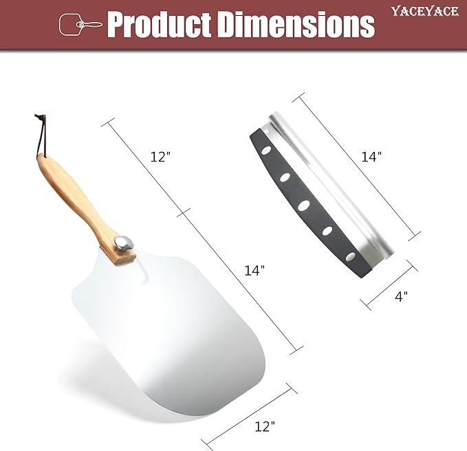 Metal Pizza Paddle with Cutter, 12-inch Metal Pizza Peel with Foldable Wooden Handle, Aluminum Turning Tunner