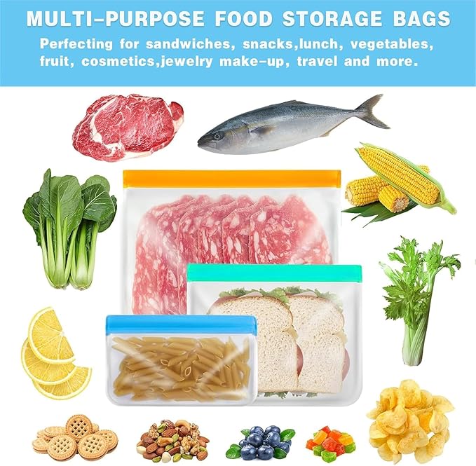 10 Pack reusable bags, Leakproof Reusable Freezer Bags, BPA Free silicone food storage bags for Lunch Marinate Food Travel - 3 Gallon 3 Snack 4 Sandwich Bags.