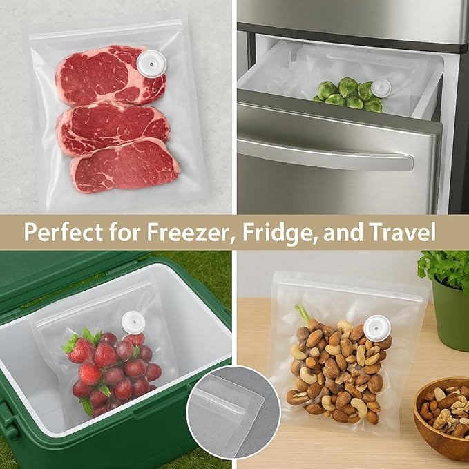 Vacuum sealer bags for food,reusable double zipper vacuum bag with air valve,suitable for sous vide cooking and microwave heating,dishwasher and freezer safe (13.4 * 11.8inch) 20pcs.
