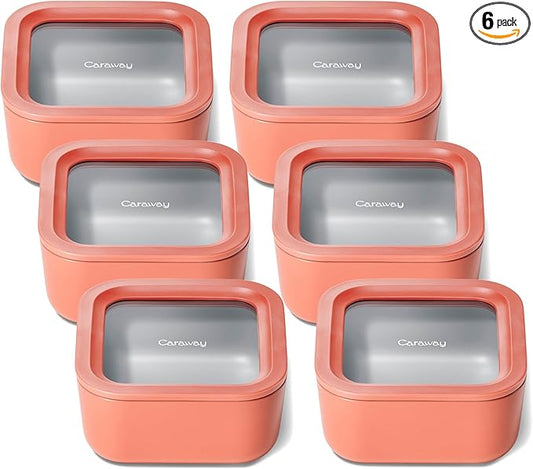 Caraway 6pc Glass Food Storage Set – 4.4 Cup Food Containers (6) - Ceramic Coated - Non Toxic, Non Stick with Lids - Microwave Safe - Perracotta