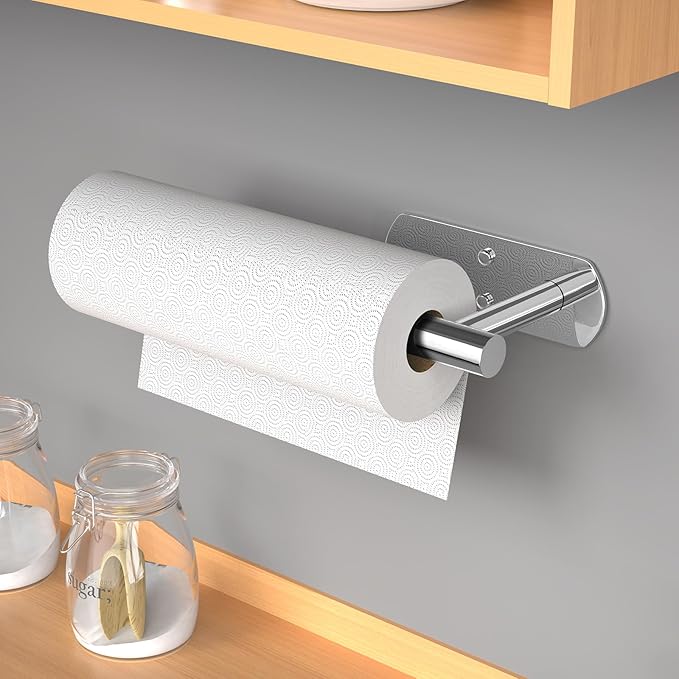 VAEHOLD Self Adhesive Paper Towel Holder Under Cabinet Mount, Wall Mounted Paper Towel Roll Holder for Kitchen, Bathroom, Wall - Stainless Steel (Bright Surface)
