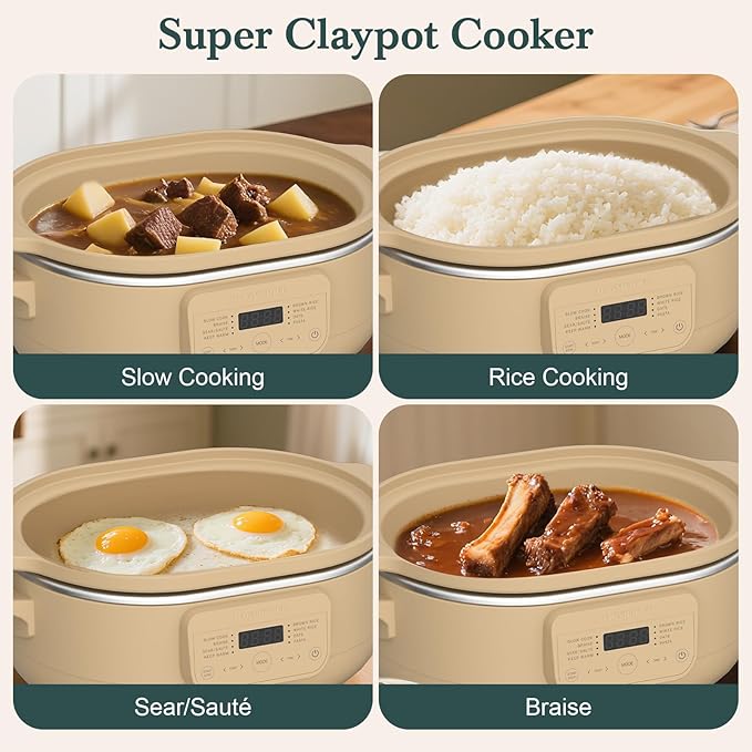 MAGNIFIQUE 4 Quart Programmable Casserole Slow Cooker, 8-in-1 Multi Cooker with Removable Non-Toxic Stoneware Crock, Claypot Slow Cooker, Rice-cooking, Nonstick, Oven Safe Pot to 450°F, Brown