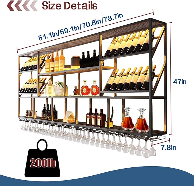 51Inch Wall Mounted Wine Rack, 3 Tiers Large Bar Shelves with 12 Glass Holder, Metal Wine Bottle Display Shelf, Modern Iron Liquor Shelf, for Kitchen Dining, Home Bar, Cellar (51.1" W)