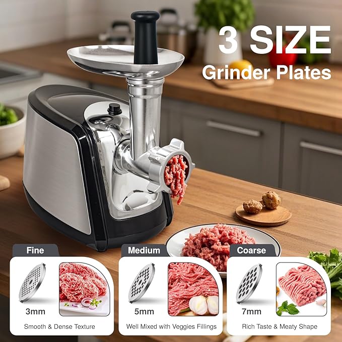 Electric Meat Grinders for Home Use, 3000W Max Sausage Stuffer Machine Kitchen Meat Grinder Heavy Duty With 3 Grinding Plates, Sausage Maker Tubes & Kubbe Kit Stainless Steel Food Grinder