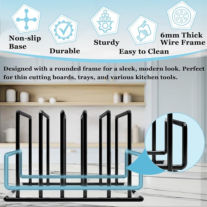 Cutting Board Organizer Rack with 7 Compartments, Heavy-Duty Iron Pan and Baking Sheet Organizer, Kitchen Cabinet Storage Rack with Non-Slip Base, Space-Saving Pot Lid Holder for Countertop & Pantry