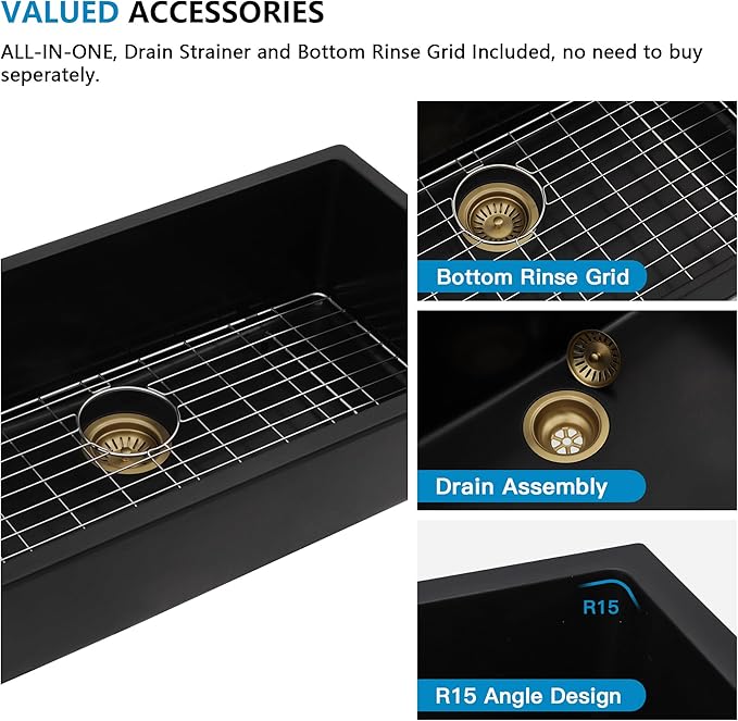 33 Granite Composite Kitchen Sink - Fulorni 33"×19" Granite Kitchen Sink Undermount Matte Black Quartz Classic Under Counter Single Bowl Basin