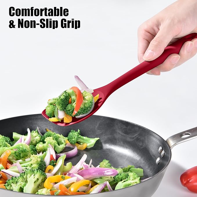 Doosu Silicone Spoon Spatula, 600ºF Heat-Resistant Food Grade Rubber Spoonula with Seamless Design, Non-Stick Flexible Scraper Kitchen Cooking Spoon Baking Tool for Mixing, Scraping (Red)