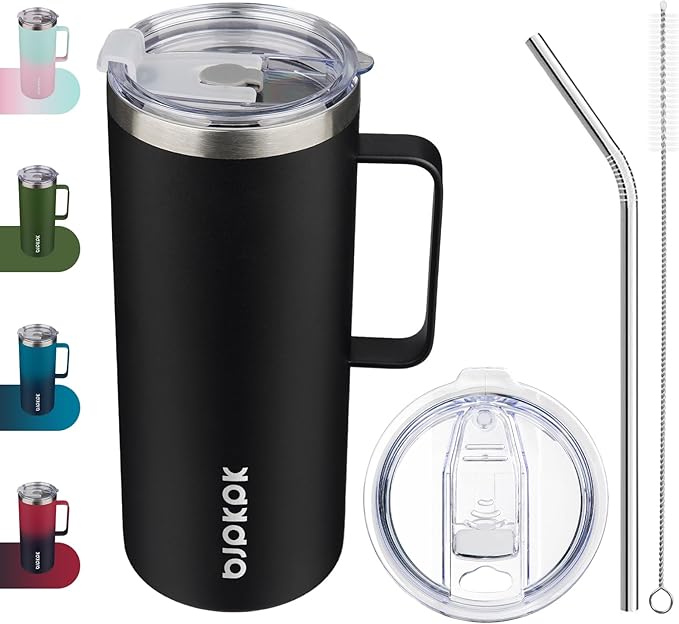 BJPKPK Insulated Coffee Mug with 2 Lids, 32oz Stainless Steel Insulated Tumbler with Handle, Double Wall Vacuum Coffee Cups, BPA Free Travel Mug for Coffee, Tea and Drinks, Black