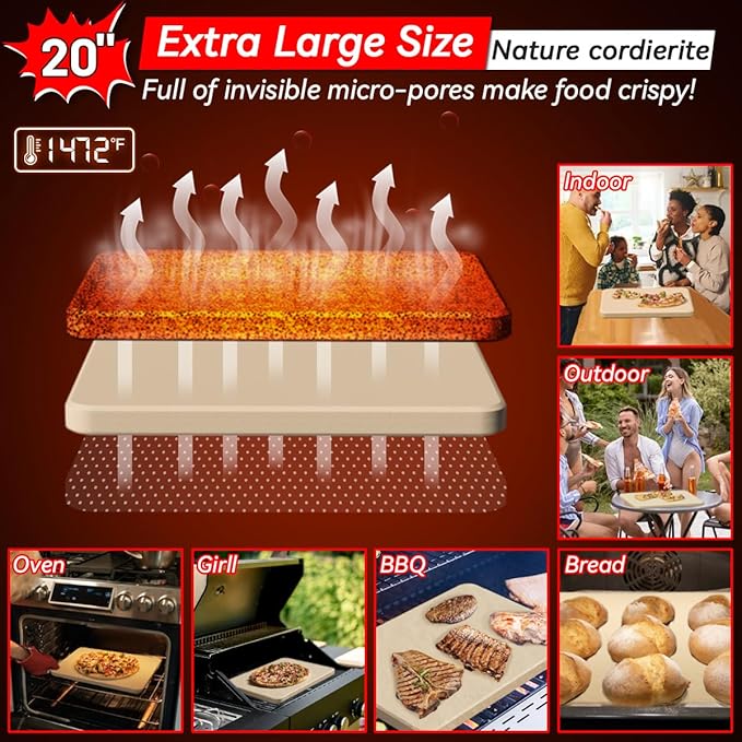 4 PCS Rectangle Pizza Stone Set, 20" Large Pizza Stone for Oven and Grill with Pizza Peel, Pizza Cutter & Brush, Baking Stone for Pizza, Bread,BBQ