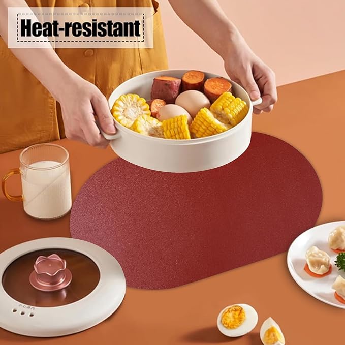 Oval Placemats Set of 6 Reversible Black and Red Faux Leather Placemat Waterproof PU Table Mats Heat Resistant Anti Slip Washable Place Mat for Indoor and Outdoor Dining Table