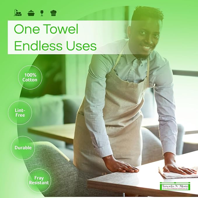Towels N More 24 Pack 16x19 Bar Mop Towels High Absorbent Cotton Reusable Kitchen Towels - Quick Drying Towels for Chef, Cook, Home, Restaurant, Bar Glass Cleaning Towels (24, Green Stripe)