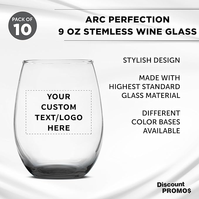DISCOUNT PROMOS Custom Stemless Wine Glass 9 oz. Set of 10, Personalized Bulk Pack - Great for Wedding Favors, Bachelorette Party Decorations, Party Favors, Color Bottom - Black