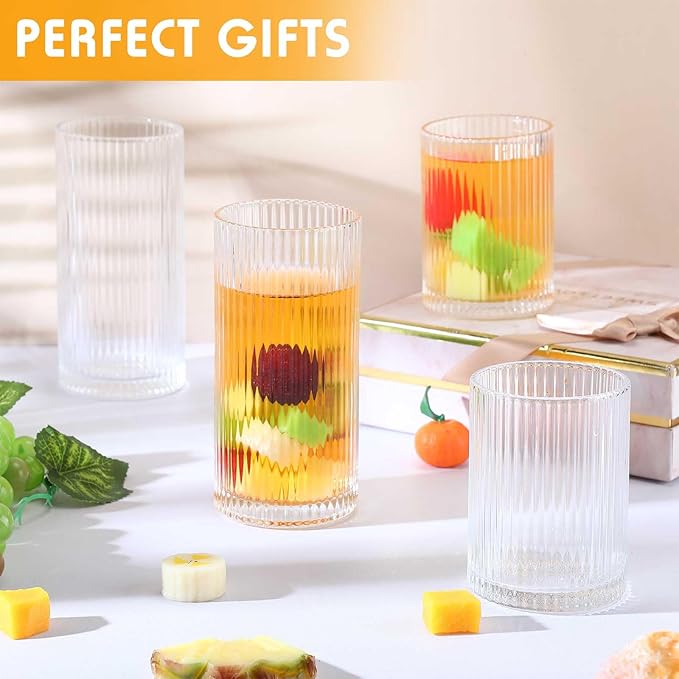 Zhehao 12 Pcs Ribbed Drinking Glasses Set 9 oz 12 oz Glass Cups Vintage Glassware Ribbed Cocktail Cup Clear Ice Coffee Highball Ripple Drinkware for Home Bar Beverages