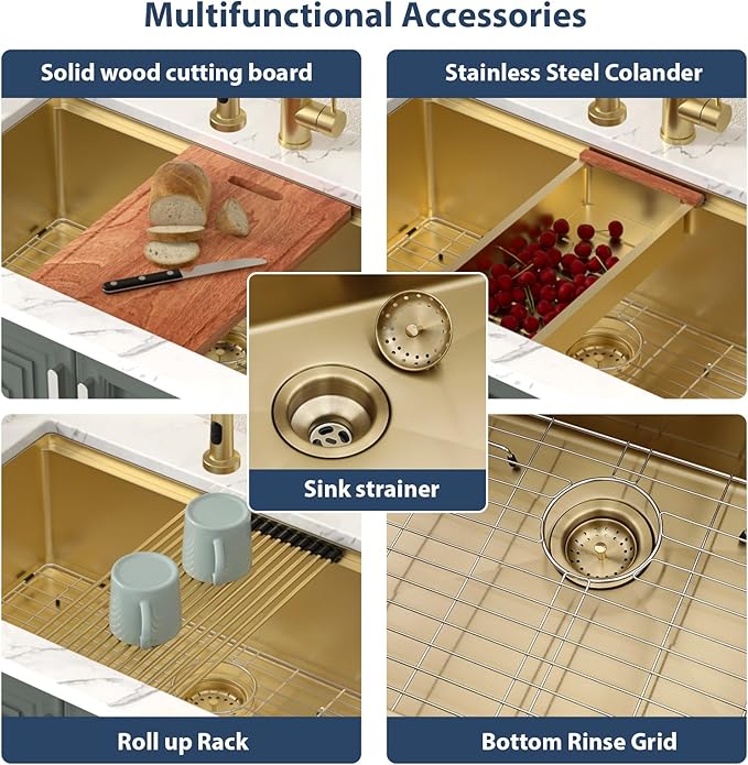 Lordear 28 Undermount Kitchen Sink Gold Stainless Steel 16 Gauge Under Counter Workstation Sink Single Bowl 304 Stainless Steel One Basin Handmade Sinks