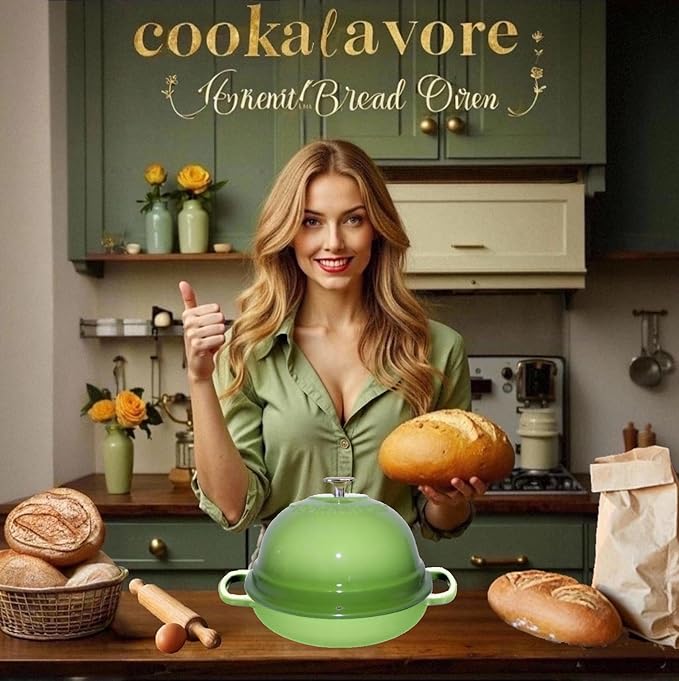 Dutch Oven for Bread Baking,6 Quart Enamel Bread Oven for Sourdough,10.5"Bread Oven with Lid,Bread Pans for Homemade Bread,Green Thick Enamel Bread Pan-with Silicone Baking Mat&Recipe,Gifts for Family