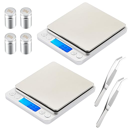 2 Pack Digital Gram Scale 500g/0.01g, Portable Jewelry Food Scale with 20g Calibration Weight Accessories, Tweezers, LCD Display High Precision Kitchen Multifunctional Stainless Steel